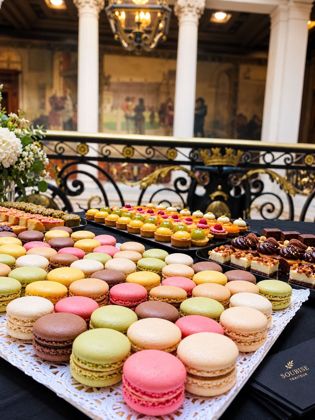 Macarons colorés SOUBISE sur fond doré — traiteur de prestige
