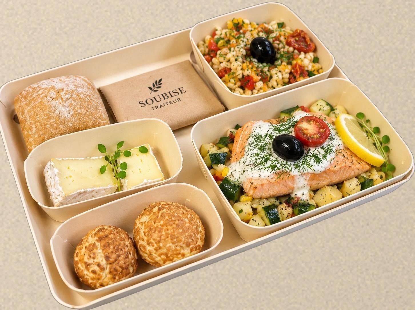 Plateau repas individuel SOUBISE — saumon, légumes et fromage sur fond pierre calcaire
